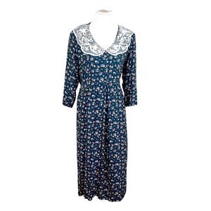 Vintage Cottagecore Prairie Dress Size 20W Green Floral Lace Country Peasant